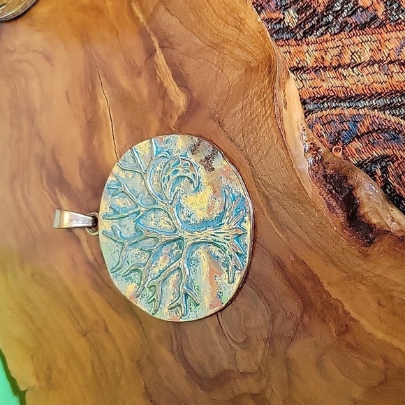 Pale Golden & Teal Colored Tree Of Life And Moon  Bigger Pendant - Picture 1 of 7